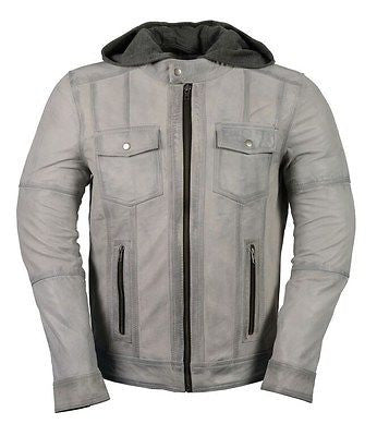MEN'S CLASSIC SCOOTER GENUINE GREY LEATHER JACKET TWO CHEST POCKETS WITH HUDDY