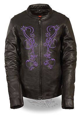 WOMEN'S MOTORCYCLE PURPLE REFLECTIVE STAR JACKET W/RIVET DETAILING WITH VENTS 