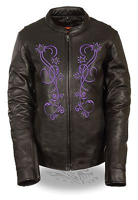 WOMEN'S MOTORCYCLE PURPLE REFLECTIVE STAR JACKET W/RIVET DETAILING WITH VENTS