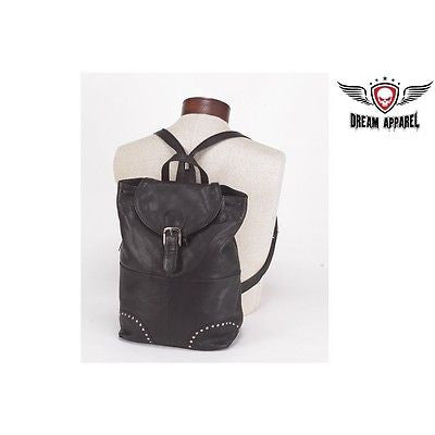 MOTORCYLE WOMEN'S GENUINE LEATHER STUDED SHOULDER BACK PACK WITH ONE BIG POCKET