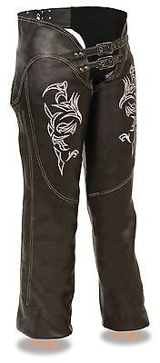 MOTORYCLE WOMEN PINK LEATHER CHAP W/REFLECTIVE TRIBAL EMBRIODERY VERYSOFTLEATHER