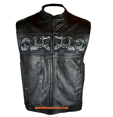 MEN'S MOTORCYCLE RIDERS REFLECTIVE SKULL REAL LEATHER VEST VERY SOFT NEW