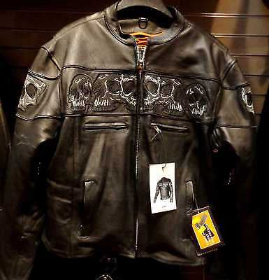 Men's Biker riding reflective skull leather jacket with 2 Gun pockets