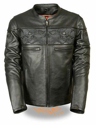 Men's Milwaukee Motorcycle Leather Jacket Reflective Skull