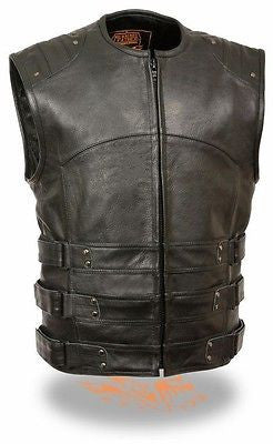 MEN'S MOTORCYCLE UPDATED SWAT TACTICAL STYLE GUNPOCKET LEATHER VEST