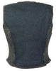MOTORCYCLE WOMEN'S BLUE DENIM ZIPPER VEST W/SIDE STRETCH SINGLE PANEL BACK