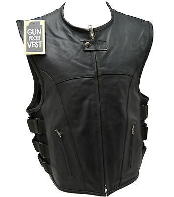 MEN'S BIKER UPDATED SWAT TEAM STYLE MOTORCYCLE LEATHER VEST W/2 GUN POCKETS NEW