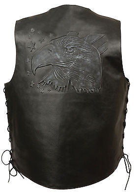MEN'S MOTORCYCLE SIDE LACE BLK EAGLE HEAD & STARS BACK EMBOSSED SINGLE PANEL