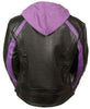 WOMEN'S STRIPED MOTORCYCLE SCOOTER LEATHER JACKET W/ REMOVABLE HOODIE BLK PURPLE