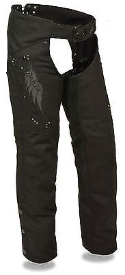 Motorcycle women's light weight blk textile chap with wing detail and rivet detailing
