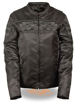 WOMEN'S REFLECTIVE SKULL MOTORCYCLE TEXTILE CROSSOVER SCOOTER JACKET NEW BLACK