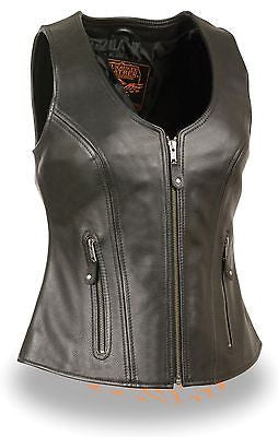 WOMEN'S MOTORCYCLE BUTTER SOFT BLK LEATHER FRONT ZIPPER VEST W/2 GUN POCKETS NEW