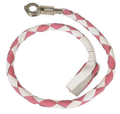 MOTORCYCLE 39" WHITE/PINK BRAIDED BIKER OLD SCHOOL REAL LEATHER WHIP 