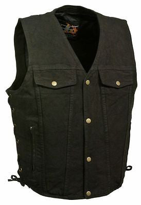 MEN'S BLK DENIM MOTORCYCLE VEST WITH SIDE LACES 2CHEST POCKETS W/GUN POCKET NEW