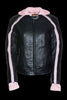 WOMEN'S STRIPED MOTORCYCLE SCOOTER LEATHER JACKET W/ REMOVABLE HOODIE BLK PINK