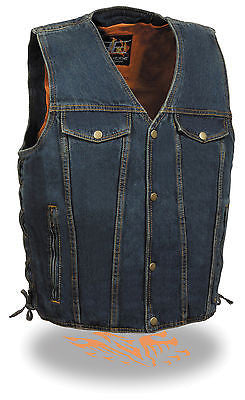 MEN'S BLUE DENIM MOTORCYCLE VEST WITH SIDE LACES 2CHEST POCKETS W/GUN POCKET NEW