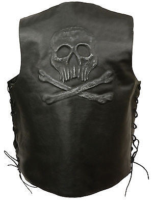 Men's Motorcycle Skull & Cross Bones Embossed back Blk leather vest