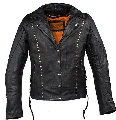 WOMEN'S MOTORCYCLE STUDDED JACKET FRONT&BACK W/2 GUNPOCKETS & SIDE LACES