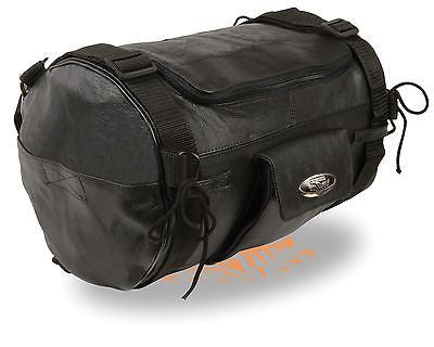 MOTORCYCLE BLK LEATHER ROLL TRAVEL PLAIN LUGGAGE BAG WITH RAIN COVER REALEATHER