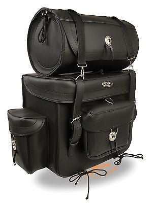 MOTORCYCLE LARGE 2 PC PVC TOURING TRAVEL BAG BAR LUGGAGE W/RAIN COVER & CONCHOS