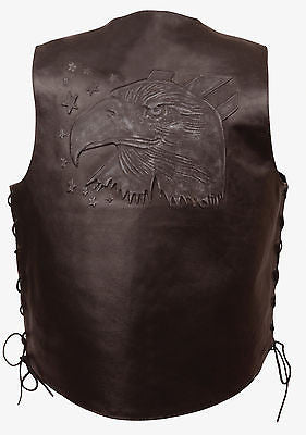MEN'S MOTORCYCLE SIDE LACE BROWN EAGLE HEAD & STARS BACK EMBOSSED SINGLE PANEL