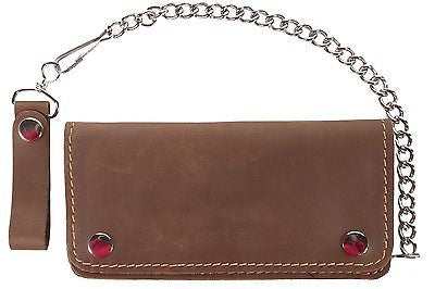 MEN'S MOTORCYCLE LIGHT BROWN BIKER BIFOLD LEATHER SILVER CHAIN WALLET NEW