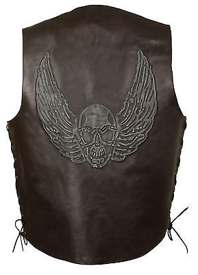 Men's Motorcycle Retro Brn Side Lace Leather vest with Skull & Wings back embossed