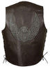 Men's Motorcycle Retro Brn Side Lace Leather vest with Skull & Wings back embossed