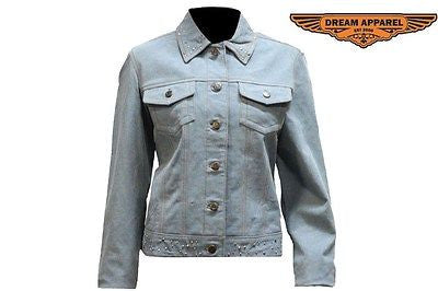 WOMEN'S RIDERS MOTORCYCLE JEAN JACKET WITH STONES DENIM LOOK GENUINE LEATHER