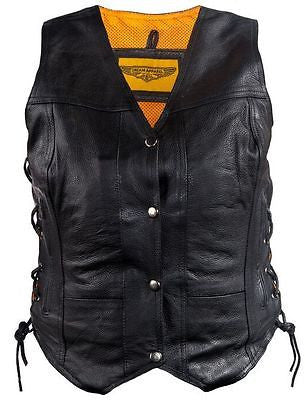 Women's riding 7 Pocket biker Blk leather vest with 2 gun pockets inside