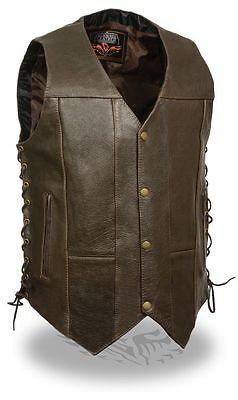 MEN'S 10 POCKET DISTRESSED Retro BROWN LEATHER VEST 2 GUN POCKETS