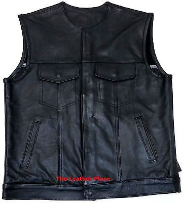 MEN'S SON OF ANARCHY COLLARLESS LEATHER MOTORCYCLE VEST 2 GUN POCKETS INSIDE