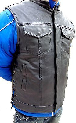 MEN'S ANARCHY LEATHER MOTORCYCLE VEST 2 GUN POCKETS WITH SIDE LACES NAKED