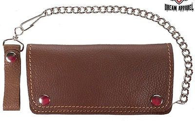 MEN'S MOTORCYCLE DARK BROWN BIKER BIFOLD LEATHER SILVER CHAIN WALLET NEW