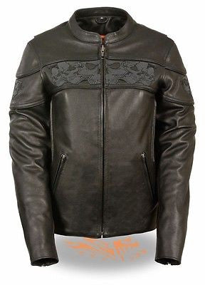WOMEN'S REFLECTIVE SKULL MOTORCYCLE LEATHER CROSSOVER SCOOTER JACKET NEW BLACK 