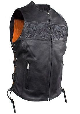 MOTORCYCLE RIDERS LADIES SKULL LEATHER ZIPPER VEST WITH LACES & 2 GUN POCKETS