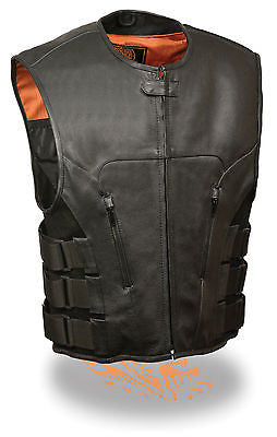 Men's Motorcycle Biker Updated Swat team style leather vest W/2 Gun pockets