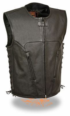 MEN'S LEATHER MOTORCYCLE 6 POCKET CLUB VEST WITH SIDE LACES VERY SOFT COW