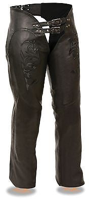 MOTORYCLE WOMEN BLK VERY SOFT LEATHER CHAP W/REFLECTIVE TRIBAL EMBRIODERY