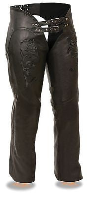 Motorcycle women's blk tribal detailing embriodered leather chap 