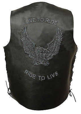 Men's Motorcycle Blk Side Lace leather vest with Live to Ride embossed back
