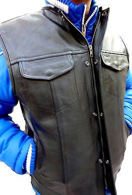 MEN'S SON OF ANARCHY LEATHER MOTORCYCLE VEST 2 GUN POCKETS WITH ZIPPERS NAKED