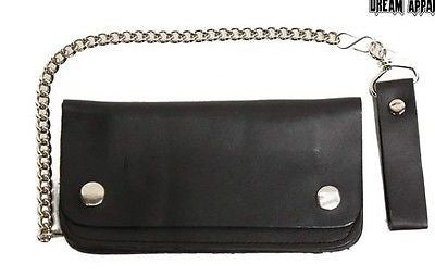 MEN'S MOTORCYCLE BLK 7" BIKER BIFOLD LEATHER SILVER CHAIN WALLET NEW