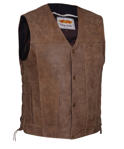 Men's 10 Pocket Brn Antiqe Vintage Tan 10 Pocket Leather vest with 2 Gun pockets inside