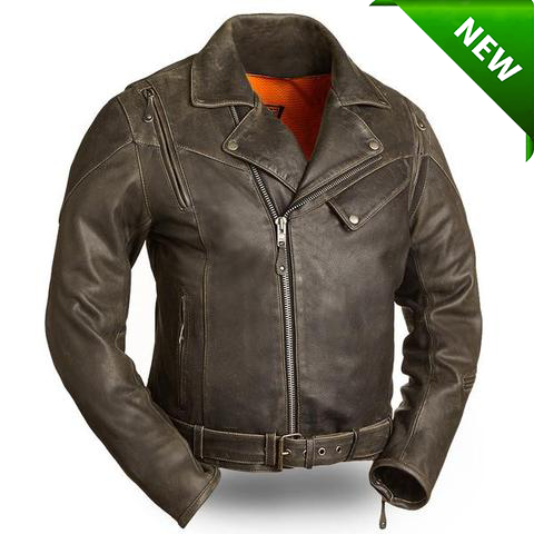 Men's Motorcycle updated biker old school leather jacket police style with belt