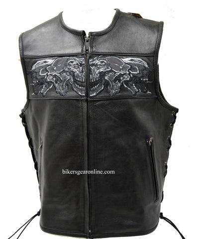 MEN'S SKULL LEATHER VEST WITH REFLECTIVE FEATURE W/2GUN POCKETS & SIDE LACES