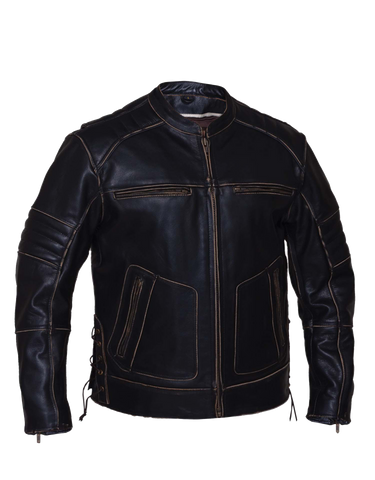 Men's Motorcycle Vintage Rub off Brn Scoter Leather jacket with Side laces & Kidney padding back