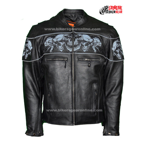 MEN'S MOTORCYCLE REFLECTIVE SKULL LEATHER JACKET W/GUN POCKETS