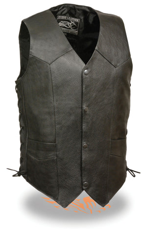 Men's Plain Snap button classic leather vest with four total pockets & Side Laces
