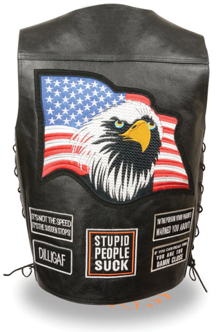 Men's Motorcycle Blk Side Lace Eagle & Flag prepatch leather vest 2 gun pockets